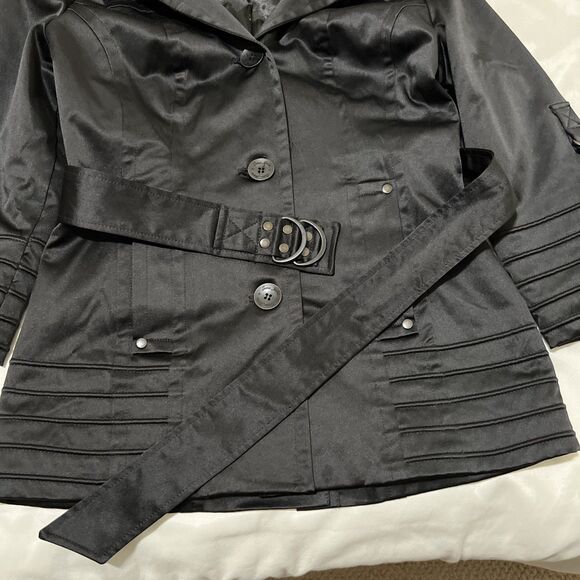 Guess Jacket Trench Coat Removable Faux Fur Trim Hood Womens M Black Gold Lined - Picture 11 of 15